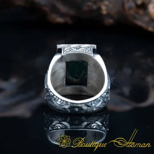 Emerald Rectangle Hand Engraved Men Ring - Image 4