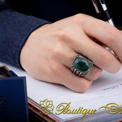 Emerald Rectangle Hand Engraved Men Ring - Image 5