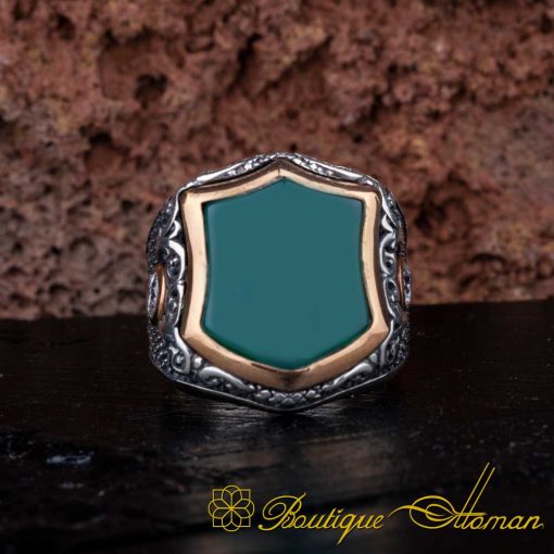 Exclusive Cut Green Aqeeq Silver Men Ring - Image 2