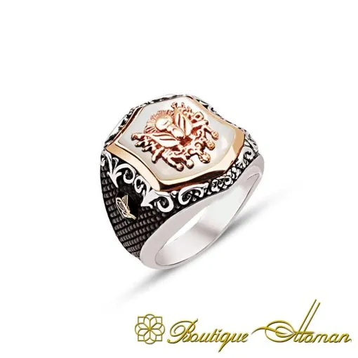Exclusive Cut Nacre Silver Men Ring With Coat of Arms