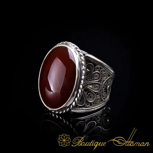 Filigree D Shape Red Yemeni Aqeeq Handmade Ring - Image 3
