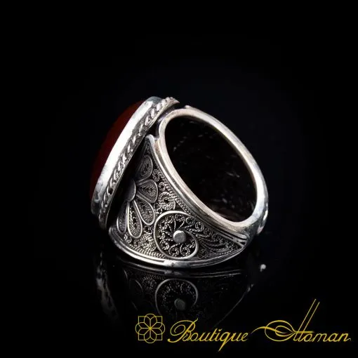 Filigree D Shape Red Yemeni Aqeeq Handmade Ring - Image 4