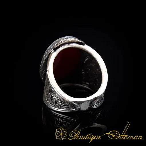 Filigree D Shape Red Yemeni Aqeeq Handmade Ring - Image 5