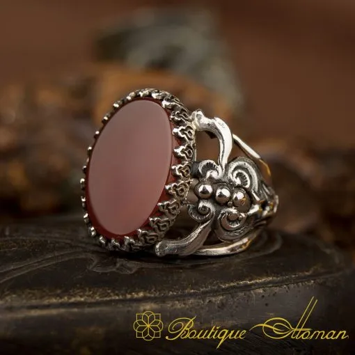 Flat Red Agate Traditional Silver Men Ring - Image 4