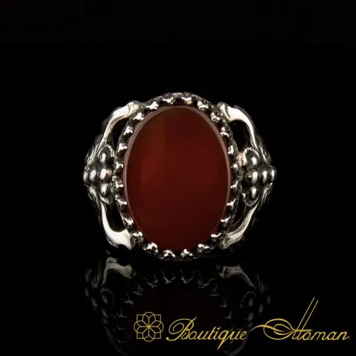 Flat Red Agate Traditional Silver Men Ring - Image 2