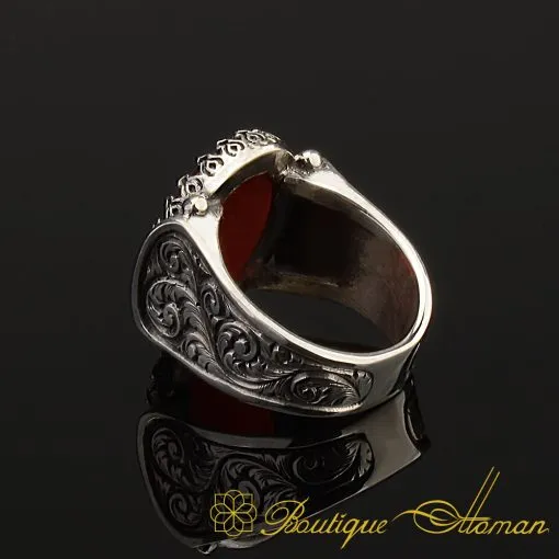 Hun Collection Flat Red Agate Silver Men Ring - Image 4