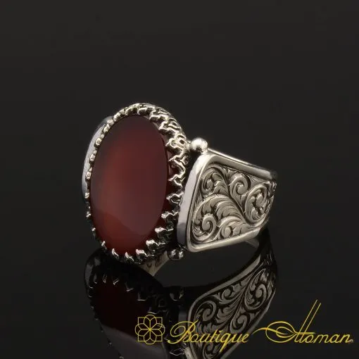 Hun Collection Flat Red Agate Silver Men Ring - Image 3