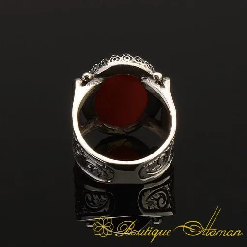 Hun Collection Flat Red Agate Silver Men Ring - Image 5