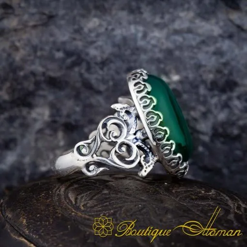 Green Aqeeq D Shape Handcraft Women Ring - Image 3