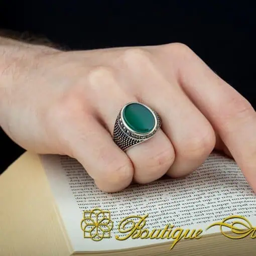 Green Aqeeq Marcasite Covered Silver Ring - Image 6