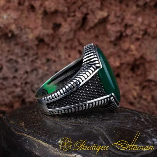 Green Aqeeq Oval Micro Cut Silver Ring - Image 3