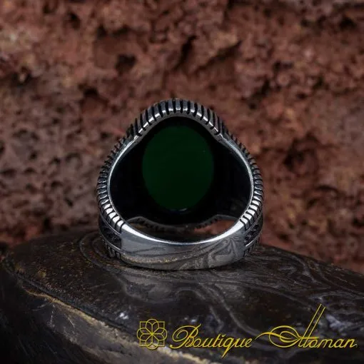 Green Aqeeq Oval Micro Cut Silver Ring - Image 5