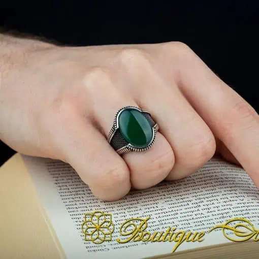 Green Aqeeq Oval Micro Cut Silver Ring - Image 6