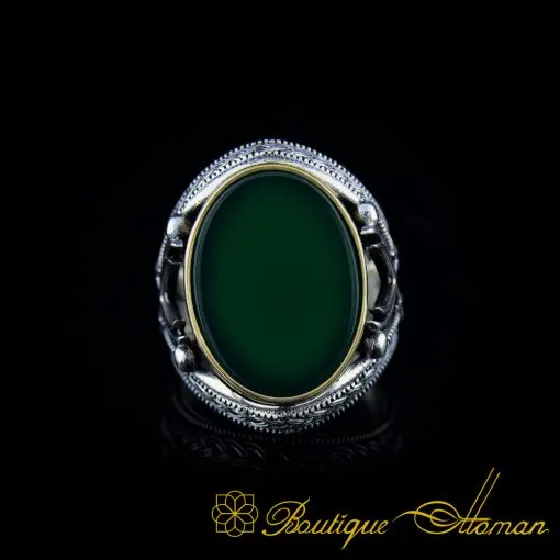 Green Aqeeq Stone Silver Ring with Double Swords Figure - Image 2