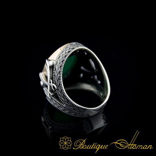Green Aqeeq Stone Silver Ring with Double Swords Figure - Image 4