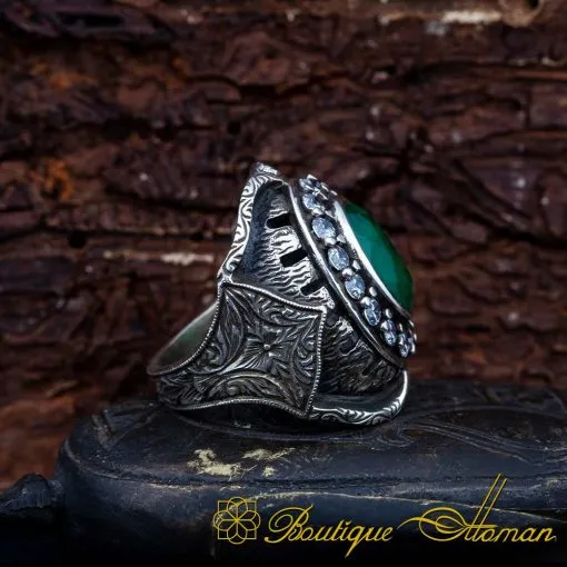 Hand Engraved Emerald Men Ring - Image 3