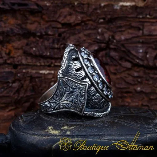 Hand Engraved Garnet Men Ring - Image 3