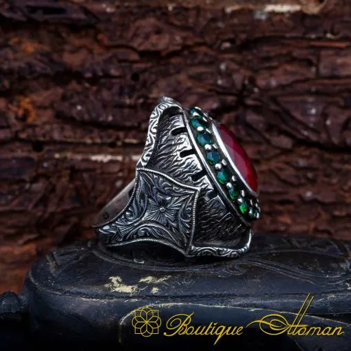 Hand Engraved Ruby Men Ring - Image 3