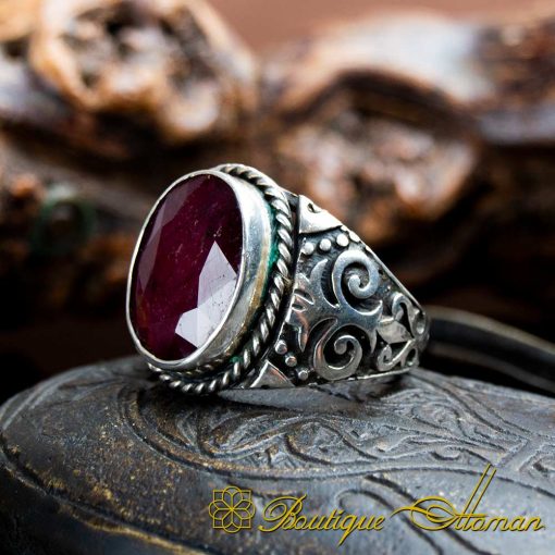 Hand Made Red Ruby Silver Men Ring - Image 3