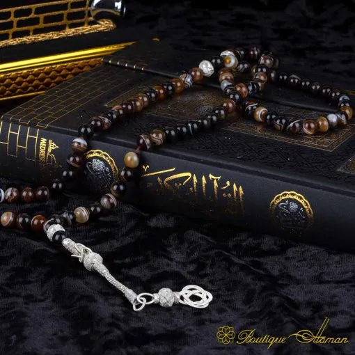 Brown Aqeeq 99 Beads Silver Kazaz Misbaha - Image 3