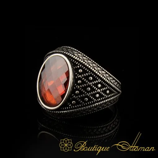 Micro Detailed Faceted Cut Red Zircon Silver Ring - Image 3