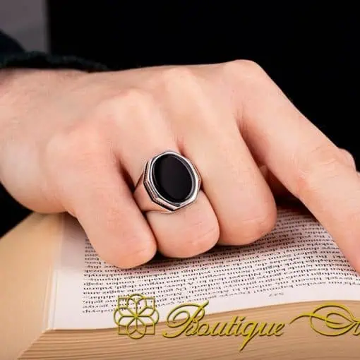 Octagon Black Aqeeq Silver Ring - Image 5