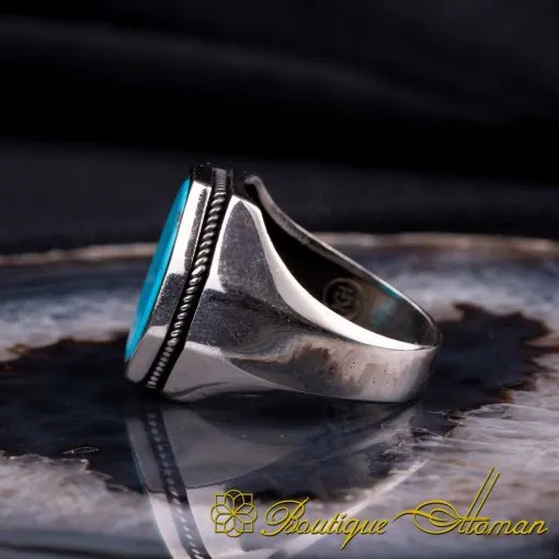Octagon Turquoise Feroza Silver Ring - Image 3