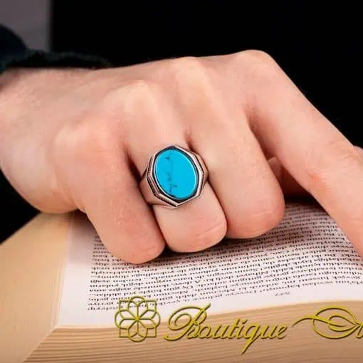 Octagon Turquoise Feroza Silver Ring - Image 5