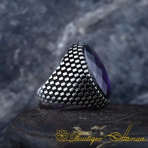 Oval Amethyst Zircon Grid Pattern Silver Ring - Image 3