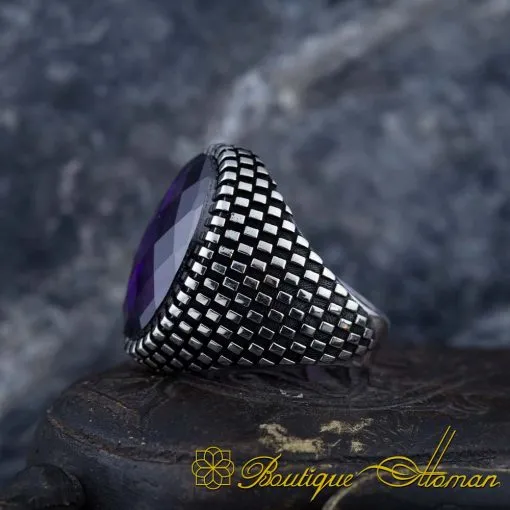 Oval Amethyst Zircon Grid Pattern Silver Ring - Image 4