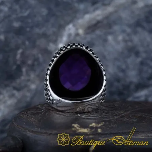 Oval Amethyst Zircon Grid Pattern Silver Ring - Image 5