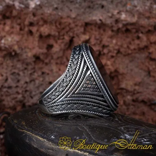 Oval Big Black Aqeeq Knit Pattern Silver Ring - Image 3