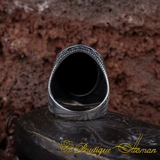 Oval Big Black Aqeeq Knit Pattern Silver Ring - Image 5