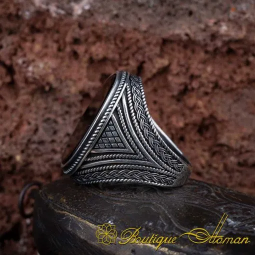 Oval Big Black Aqeeq Knit Pattern Silver Ring - Image 4