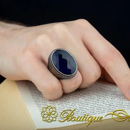 Oval Big Blue Zircon Knit Pattern Silver Ring - Image 6