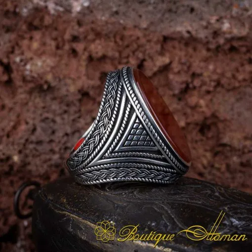 Oval Big Red Yemeni Aqeeq Knit Pattern Silver Ring - Image 3