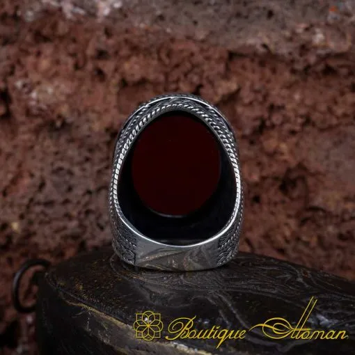 Oval Big Red Yemeni Aqeeq Knit Pattern Silver Ring - Image 5