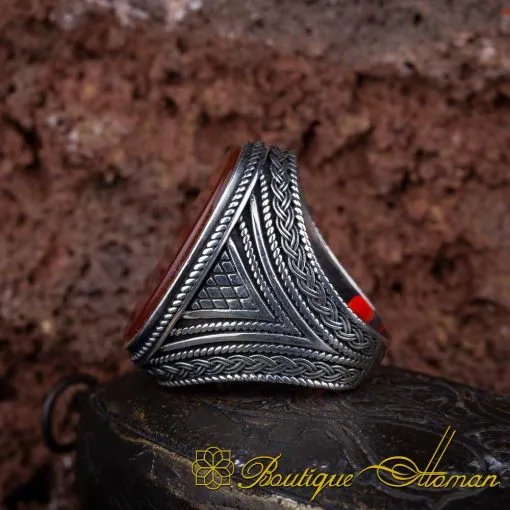 Oval Big Red Yemeni Aqeeq Knit Pattern Silver Ring - Image 4