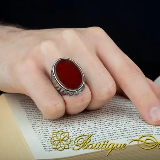 Oval Big Red Yemeni Aqeeq Knit Pattern Silver Ring - Image 6