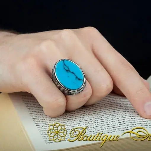 Oval Big Turquoise Knit Pattern Silver Ring - Image 6