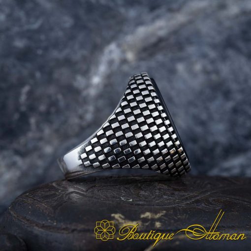 Oval Black Aqeeq Grid Pattern Silver Ring - Image 3