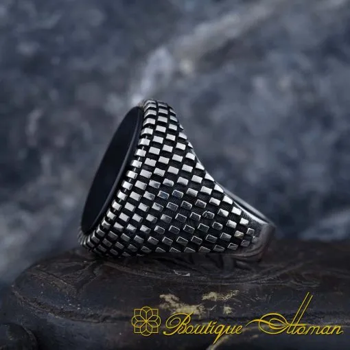 Oval Black Aqeeq Grid Pattern Silver Ring - Image 4