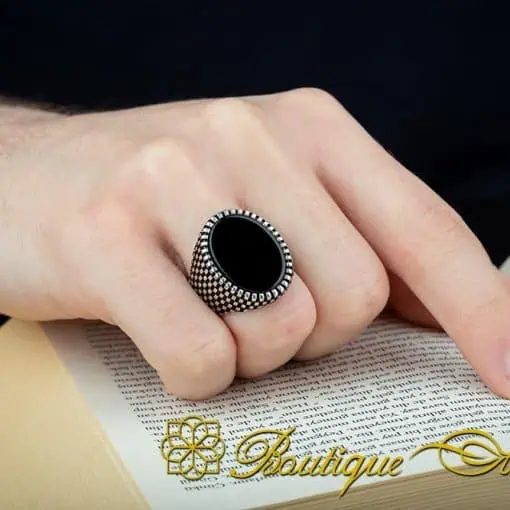 Oval Black Aqeeq Grid Pattern Silver Ring - Image 6