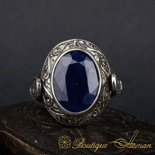 Oval Blue Sapphire Hand Engraved Ring - Image 2