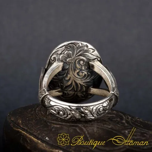 Oval Blue Sapphire Hand Engraved Ring - Image 4