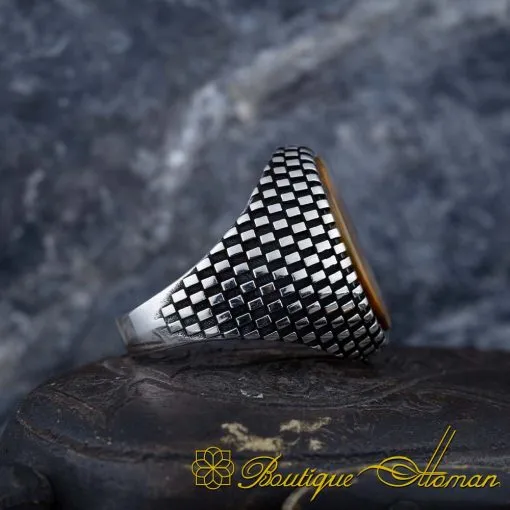 Oval Brown Tiger's Eye Grid Pattern Silver Ring - Image 3