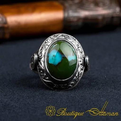 Oval Feroza Turquoise Hand Engraved Ring - Image 2
