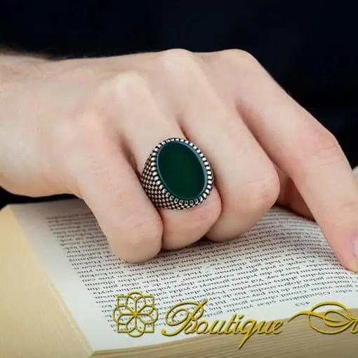 Oval Green Aqeeq Grid Pattern Silver Ring - Image 6