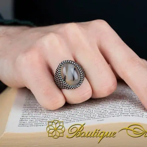 Oval Rare Yemeni Aqeeq Grid Pattern Silver Ring - Image 5