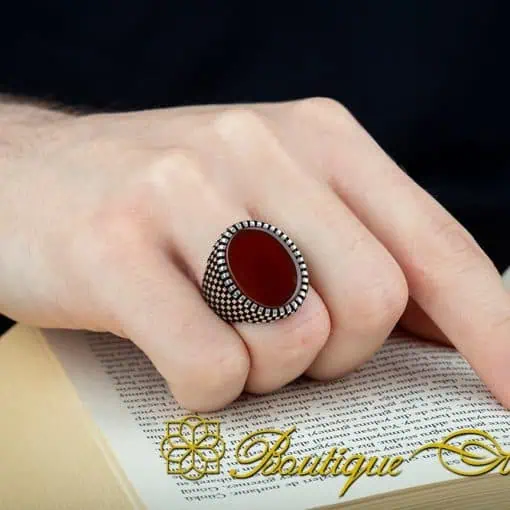 Oval Red Yemeni Aqeeq Grid Pattern Silver Ring - Image 6